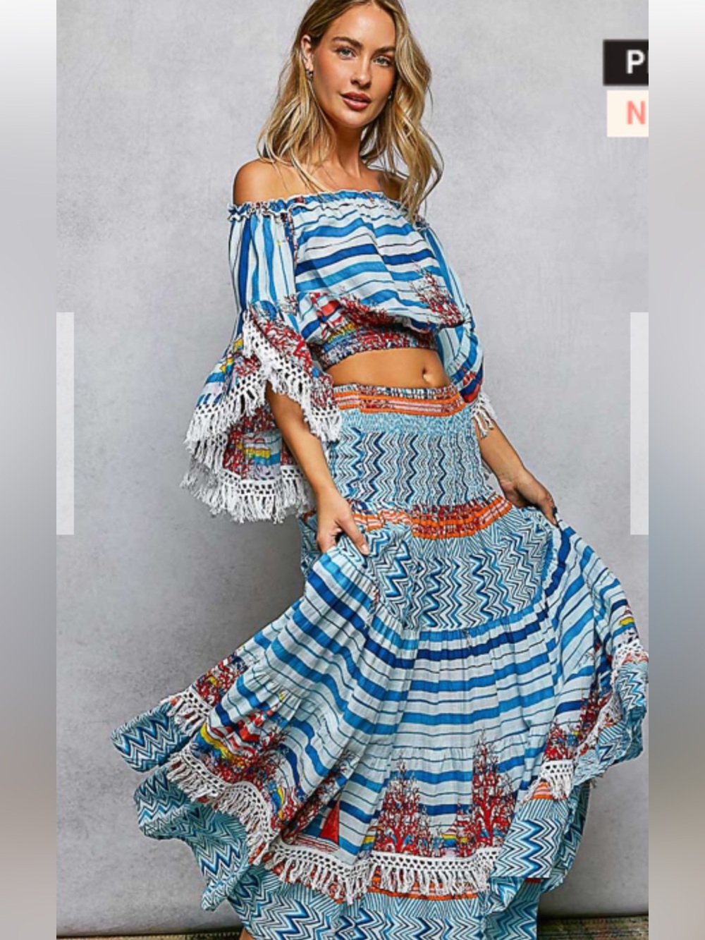 POL Blue and White Striped Boho Maxi Skirt set with Orange Accents